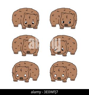 Cute set of isolated cartoon wombats with different emotions. Vector drawing of adorable herbivore animal character. Collection of design elements for Stock Vector