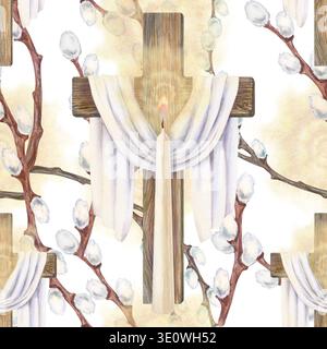 Hand painted watercolor pattern with cross, candle and blooming willow branches. Christian Easter design on white background for greeting cards, churc Stock Photo