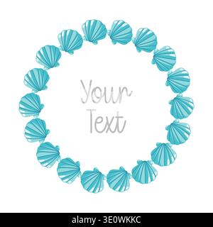 Blue Seashell round frame. Cartoon Vector isolated illustration on white background. Stock Vector