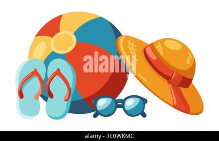 Beach ball, flip flops, sunglasses and sun hat. Summer accessories composition. Vector isolated illustration on white background Stock Vector