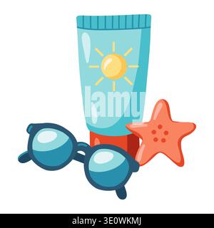 Sunscreen tube, sunglasses and starfish. Summer beach clipart. Vector illustration on white background Stock Vector