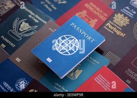 Fictional passport book travel document on big amount of real passport covers of various different countries. Expired passports in big pile close up. Travel documents for tourism Stock Photo