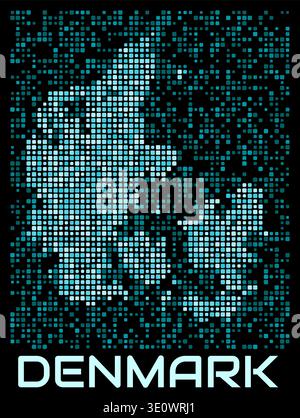 Denmark digital dotted map. Shape of the country in cyan color palette on dark background. Futuristic Denmark map design. Vector illustration. Stock Vector