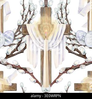 Easter seamless pattern with cross surrounded by willow branches and Easter eggs. Religious watercolor spring design o white background for for church Stock Photo