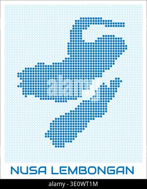 Nusa Lembongan digital style map with blue rounded rectangle dots. Indonesia. Dotted shape of the island. Stock Vector