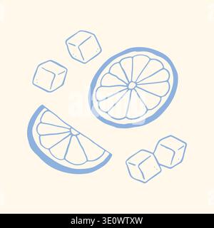 Fresh hand drawn vector illustration of lemon slices and sugar cubes. Essential tea accessories in blue line art for kitchen decor, recipe books, cafe Stock Vector