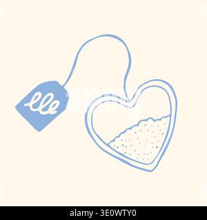 Romantic hand-drawn vector of a heart shaped tea bag with a label. Minimalist blue line art perfect for Valentines Day, wedding invitations, tea shop Stock Vector