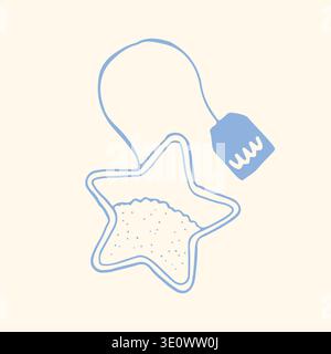 Whimsical hand drawn star shaped tea bag vector. Decorative blue line art for celestial themes, magical tea blends, cafe menus, and creative packaging Stock Vector