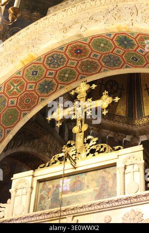 Alexander Nevsky Cathedral Cross August 2024 Golden crucifix and mosaic arch interior Bulgaria Sofia Stock Photo