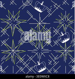 A retro-inspired geometric pattern on a deep navy background, commonly associated with mid-century modern design or festive winter.  Look to the Crown. Stock Vector