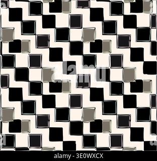 A modern, abstract geometric pattern featuring repeating black, white, and gray squares with a distinct shadow effect that creates a 3D or "dancing" Stock Vector