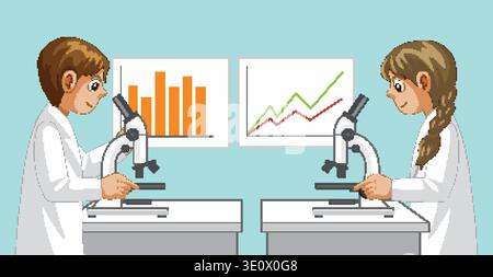 Two children in lab coats use microscopes beside bar and line graphs in science class Stock Vector