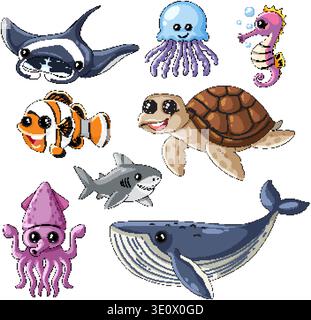 Set of eight friendly aquatic creatures in a clean vector style on white background Stock Vector