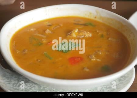 Hot soup served in a bowl with vegetables and meat Stock Photo