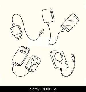 Hand drawn power bank and phone charger doodle icon set Stock Vector