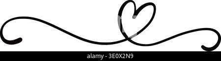 Heart love line swirl set. Love heart swirl calligraphy hand drawn icon shape wedding graphic element. Hand drawn flourish ribbon elegant ornament, calligraphic text border. Vector illustration Stock Vector