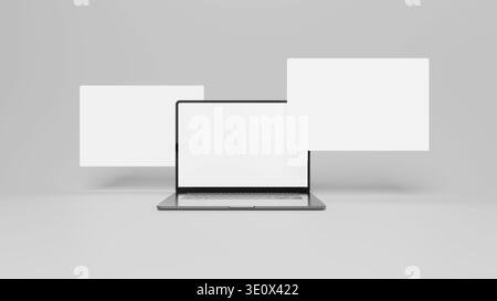 Three laptop screens for mockup. Floating displays in perspective. Blank template for place your web page design, posts and carousels. Ready for mock Stock Photo