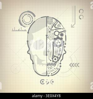 concept of buleprint of A.I. invention, robot brain and skull diagram Stock Vector