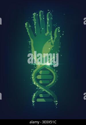 concept of biometric technology; hand combined with dna symbol; digital blueprint of body part of human Stock Vector