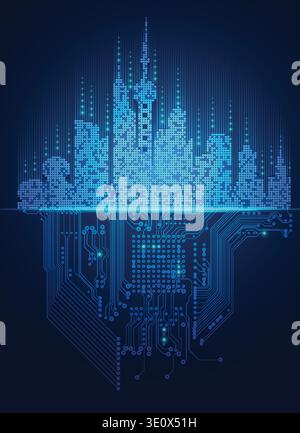 abstract technology background; digital building in a matrix style; technological city combined with electronic board Stock Vector