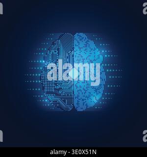 graphic of a brain in technological look; abstract technology health care; digital blueprint of brain Stock Vector