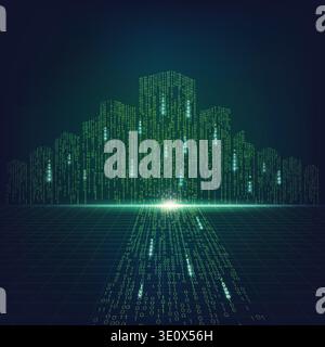 concept of digital advancement technology, digital cityscape in matrix style; binary city of green light, Stock Vector