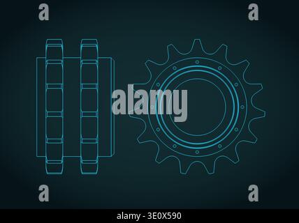 Double sprocket chain wheel blueprints stylized vector illustration Stock Vector