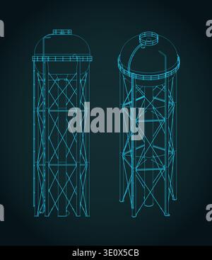 Water tower isometric blueprints stylized vector illustration Stock Vector