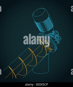 Screw conveyor and internal structure mechanism close-up isometric blueprint stylized vector illustration Stock Vector
