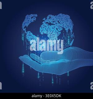 digital modern globe, wireframe hand holding digital global; concept of advancement technology world Stock Vector