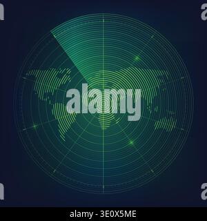Abstract digital radar screen with world map and targets green ...