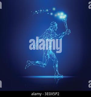 concept of technology revolution, abstract wirefrmae man running with torch in the hand Stock Vector