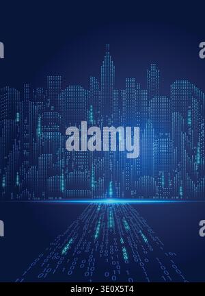 abstract technology background; digital landscape; digital building in matrix style; binary city of bule light, Stock Vector
