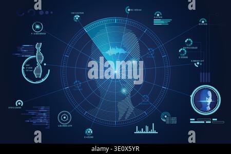 concept of face scanning, radar screen searching for brain signal Stock Vector