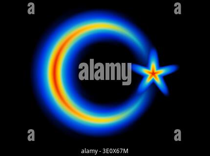 Crescent moon and star shape glowing in neon light, with heatmap color palette for Islam holidays Stock Vector