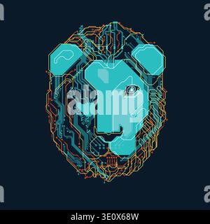 futuristic colorful lion head, shape of lion head combined with electronic board, concept of powerful technology Stock Vector