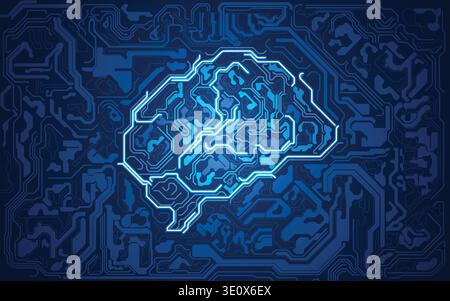 graphic of a brain in technological look; abstract technology health care; digital blueprint of brain Stock Vector