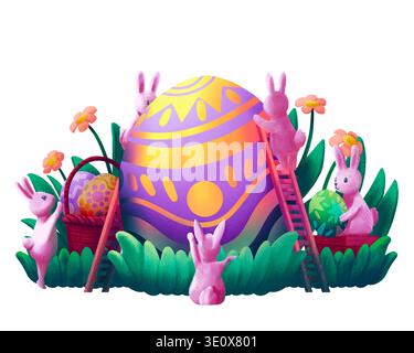 Cute Rabbits Decorating a Colorful Easter Egg with Ladders Baskets And Spring Flowers Stock Photo