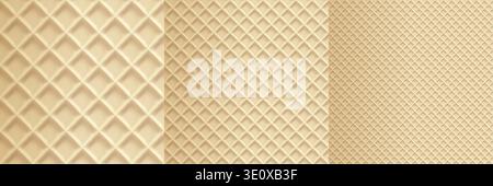 Wafer texture pattern bg of milk biscuit cone, fabric rectangle waffel. Waffle diagonal cookie lattice, vector stroopwafel. Baked cake crepe, seamless Stock Vector
