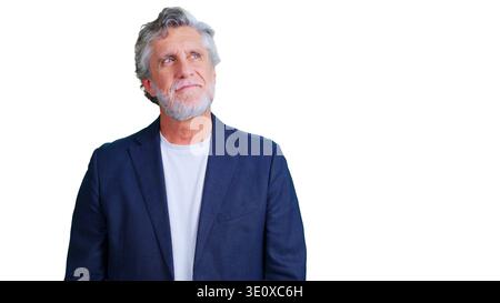 Mature businessman looking up and smiling, transparent background Stock Photo