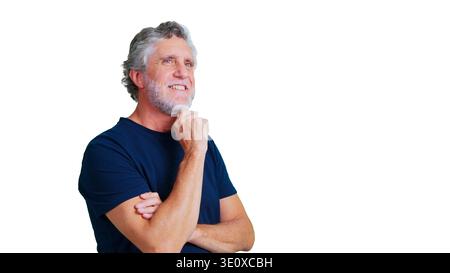 Senior man smiling contemplating looking away on transparent background Stock Photo