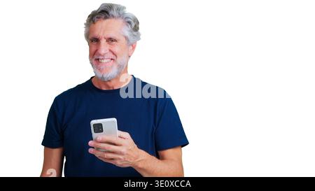 Smiling senior man using smartphone technology on transparent background Stock Photo