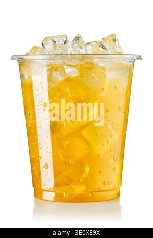Orange juice with ice in disposable plastic glass isolated on white Stock Photo