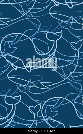 Vector seamless pattern with outline whales. Contour texture with marine creatures on dark background. Undersea background with fishes for wrapping pa Stock Vector