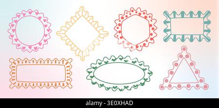 Bright color wavy edges geometric shapes, figures. Doodle kid y2k squiggle vector frames. Holiday stickers, simple ornamental designed outline boxes. Stock Vector