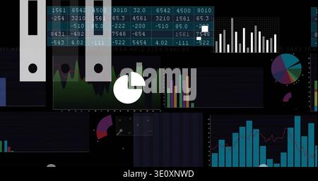 Displaying analytics UI, showing numeric table, pie icon on area chart, bar charts donut Stock Photo