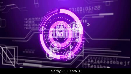 Displaying centered concentric HUD glowing on virtual dashboard, with padlock and avatars Stock Photo