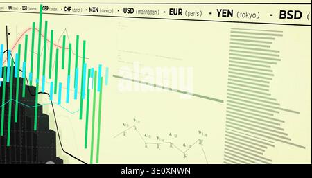 Displaying trading dashboard showing green-cyan bars, tickers, line plots, trend line on screen Stock Photo