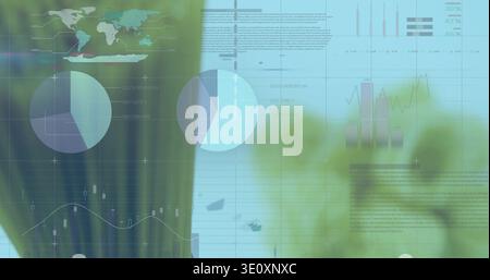 Displaying translucent dashboard on screen over blurred plant leaves showing two large pie charts Stock Photo