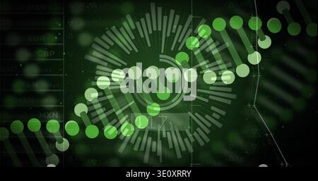Animating DNA-like helix and central radial HUD on monitor dashboard, with currency ticker panel Stock Photo
